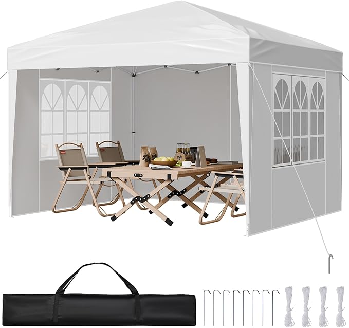 VEVOR Pop Up Canopy, 10 x 10 FT Instant Canopy Portable Gazebo with 3 Sidewalls & 2 Ventilated Windows, Height Adjustable ...