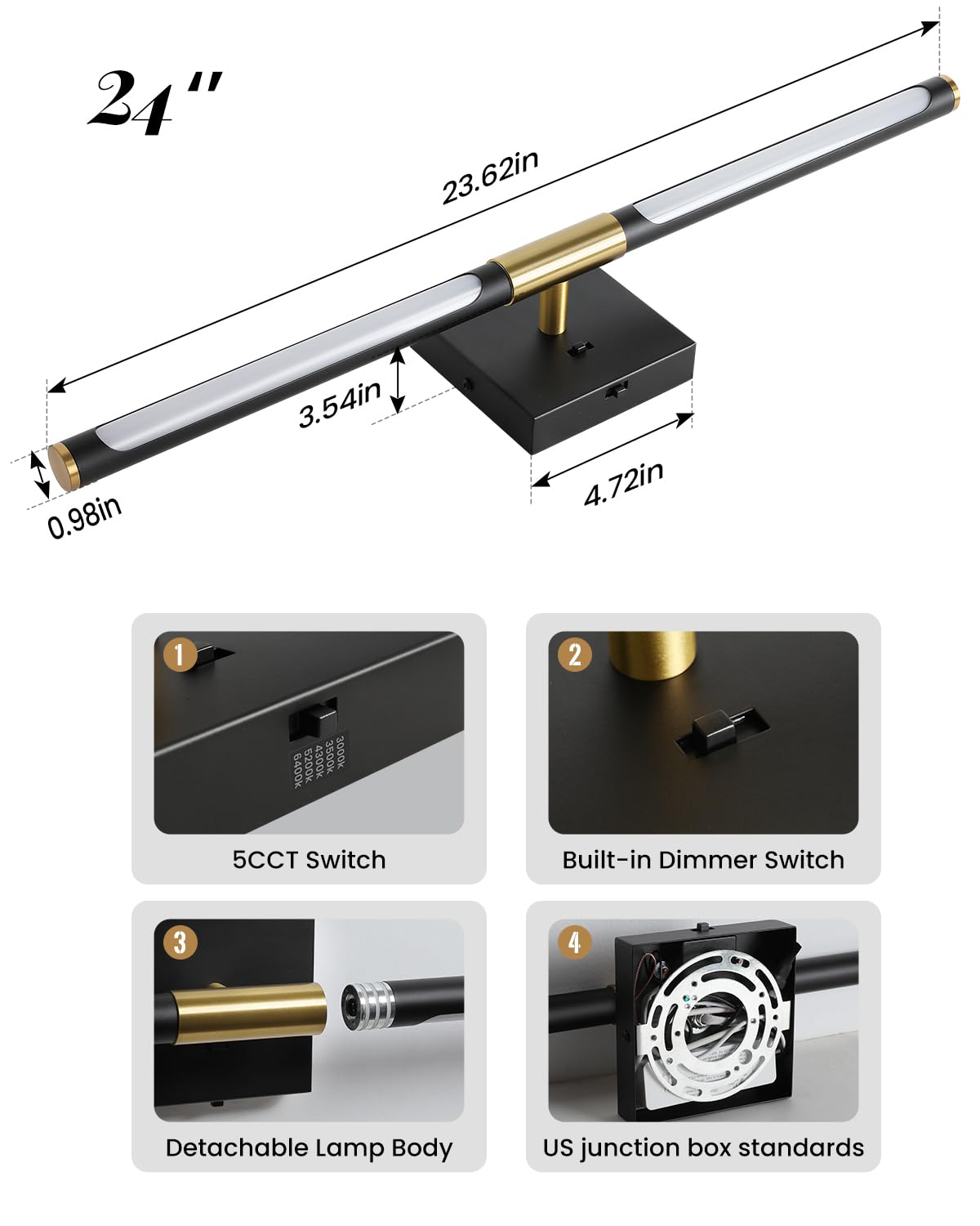 Faziyo Black Gold Vanity Light Fixtures for Bathroom Over Mirror 24 inch LED Bath Sconces IP44 5CCT Adjustable Morden Picture Lights for Paintings (Built-in Dimmer)