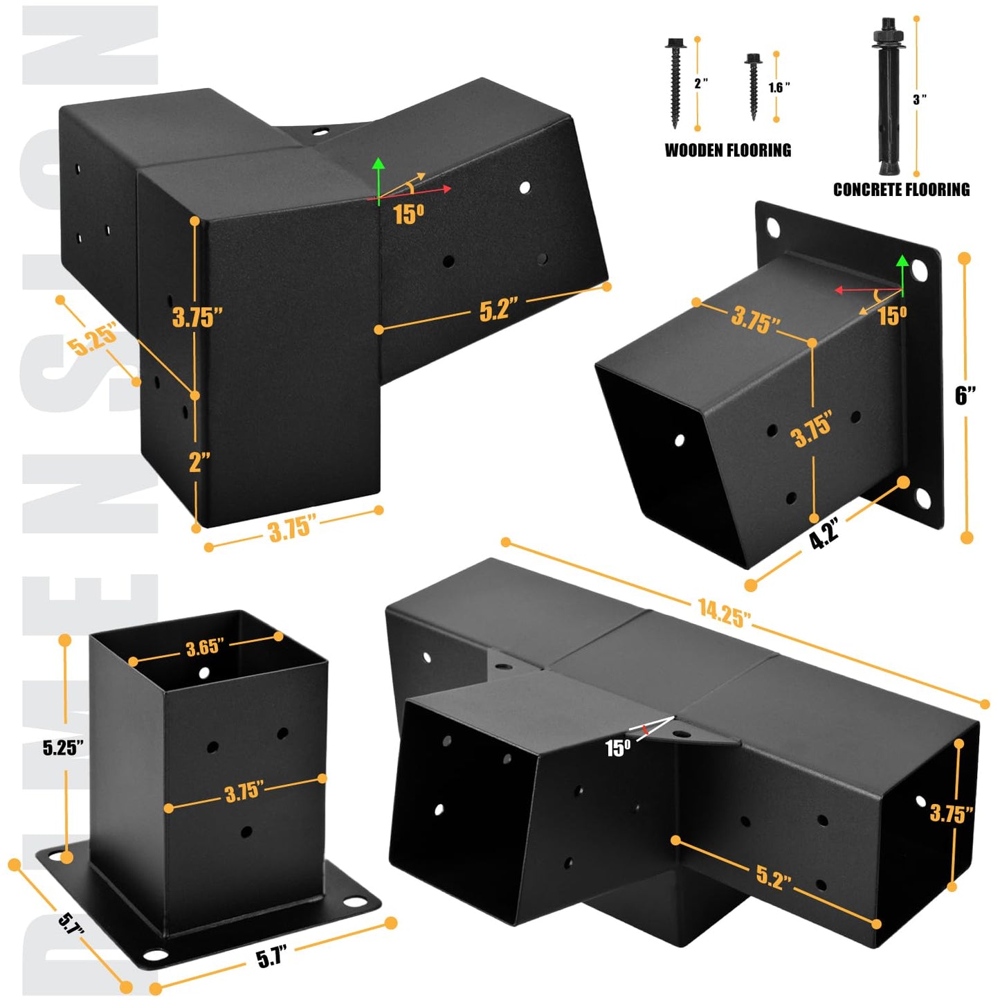 Pergola Kit, 15° 3-Way Slanted Roof Pergola Bracket Set, Roof Wall Mount Extension Bracket 4" x 4" (Actual 3.5" X 3.5") - Set 9