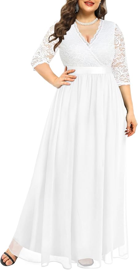 Pinup Fashion Wedding Dresses for Bride Plus Size - Formal Evening Gown Wrap Neck Lace Chiffon Long Dress