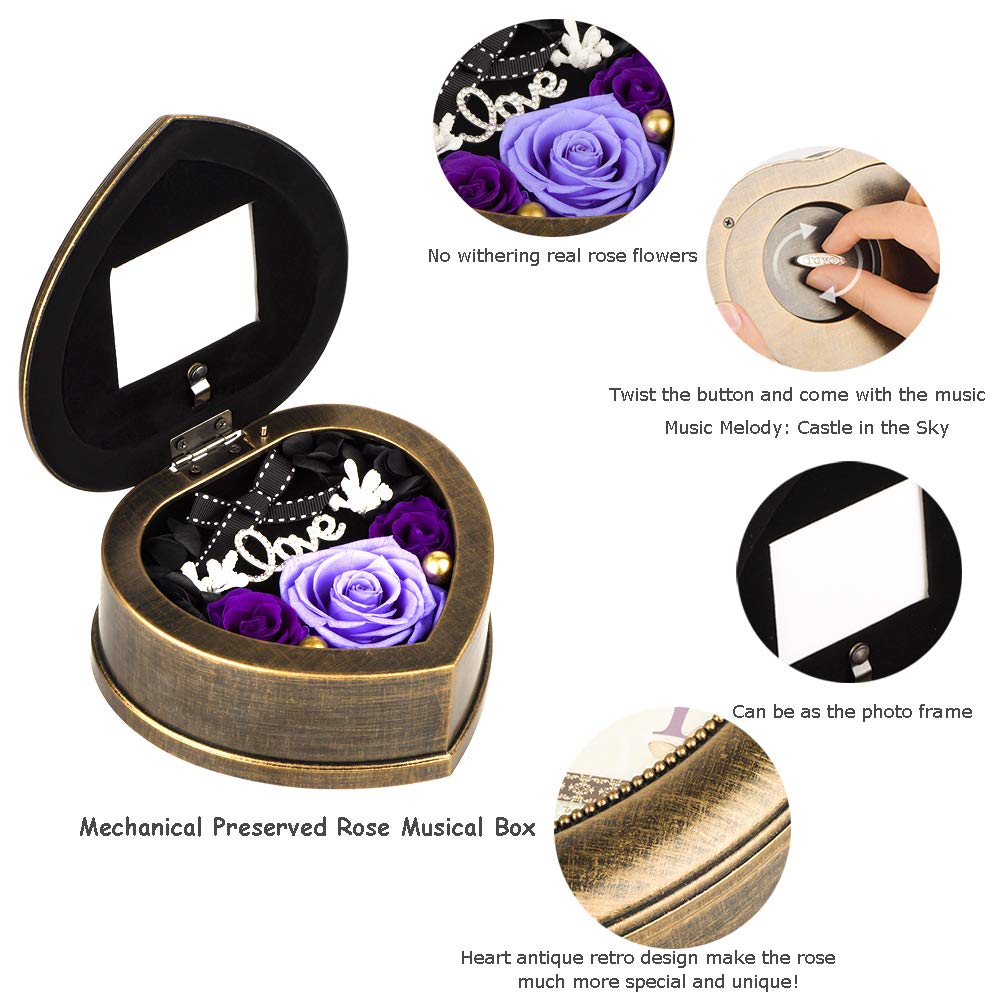 Neaticoo Handmade Preserved Flower Real Purple Rose in Musical Box with Photo Frame, Mother's Day Long Lasting Real Flower Gifts for Her Women Wife on Valentine's Day Birthday or Anniversary -Purple