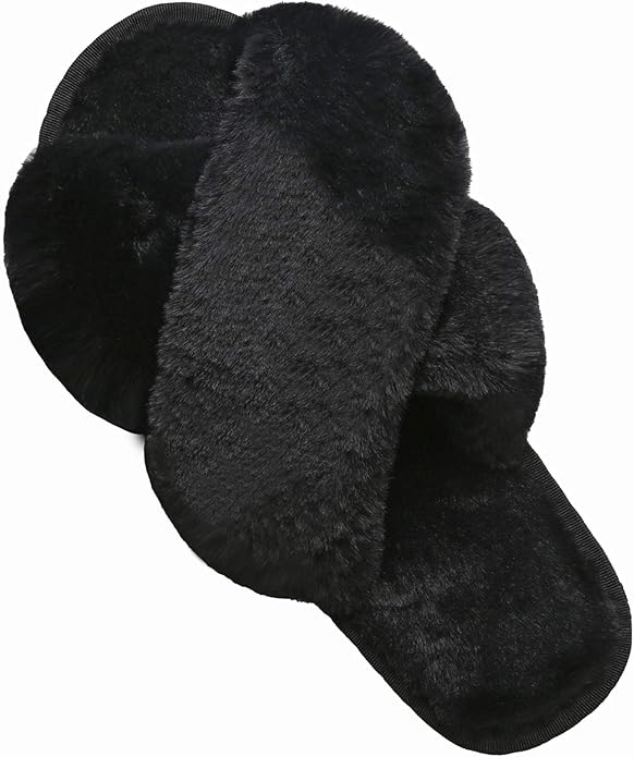 Women Fuzzy Fluffy Furry Slippers Fur Flip Flop Open Toe Slippers Cross Band Shoes Slides for Ladies House Home Indoor Out...