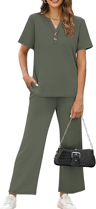 OFEEFAN 2 Piece Sets for Women Spring Fashion Beach Vacation Cruise Outfit Dressy Casual Wide Leg Crop Pants Resort Wear
