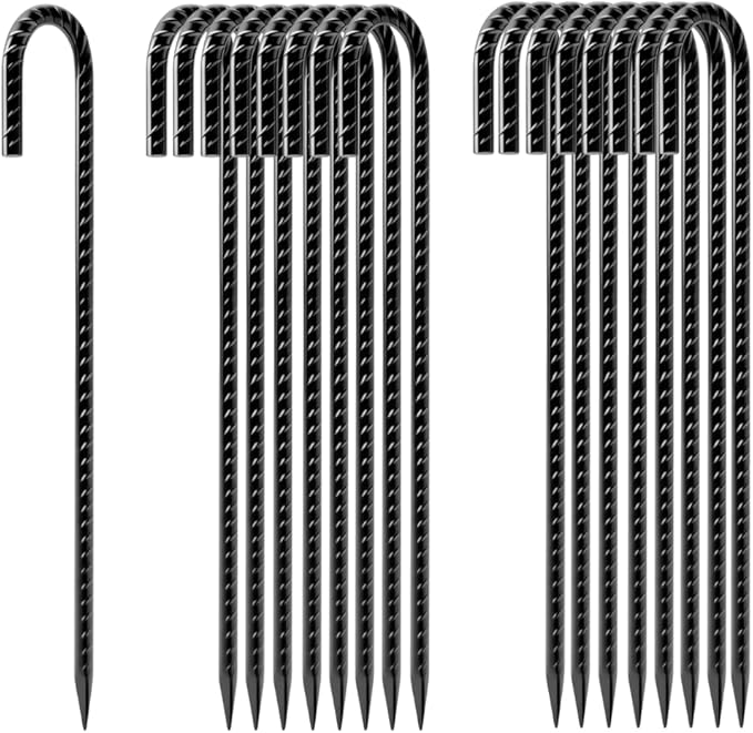 RANLUMO Rebar Stakes 12 Inch, 16-Pack Premium Black Coated J Hook,Superior Rust Resistance Heavy Duty Ground Stakes for Ch...
