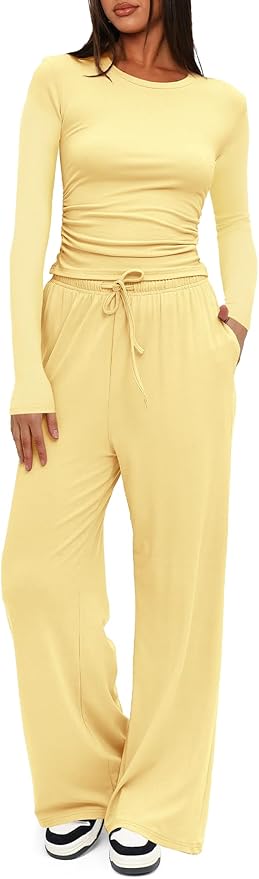 Darong Women's 2 Piece Outfits Lounge Sets 2026 Long Sleeve Tops Wide Leg Pants Casual Matching Set