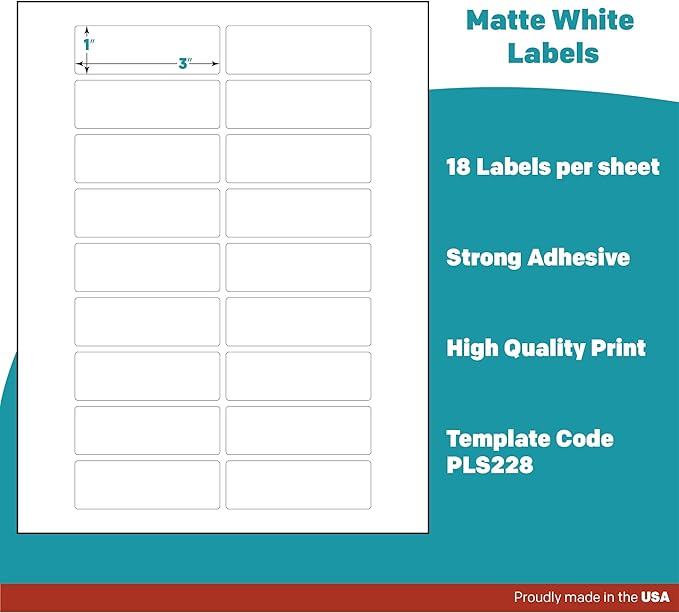 Premium Label Supply White Sticker Address Labels – 3" x 1" – Laser/Inkjet Compatible – (18 per Sheet), 100 Sheets – 1800 Total Adhesive Labels