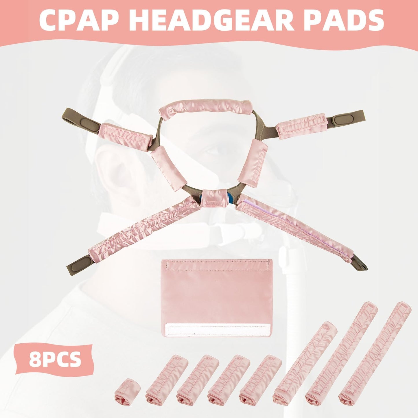 8 PCS Satin CPAP Strap Covers, Comfortable CPAP Mask Strap Covers, Silky CPAP Hair Protector to Fit Airfit f20 Headgear, Anti Wrinkle CPAP Mask Cushions for Reducing Red Marks (Pink)