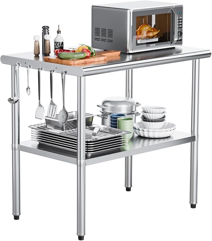 ROVSUN 30'' x 24'' Stainless Steel Table for Prep & Work,Commercial Worktables & Workstations, NSF Heavy Duty Metal Table with Adjustable UnderShelf for Kitchen Restaurant, Home, Hotel, Outdoor