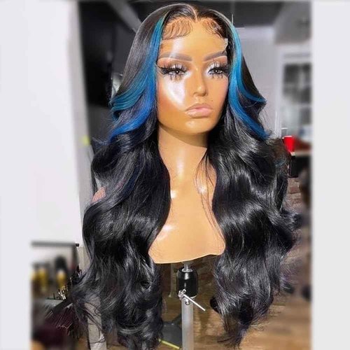JYZ Skunk Stripe Wig Human Hair Dark HD Blue Lace Front Wig Human Hair Wavy 13X4 Blue Colored Wigs 200% Density Pre Plucked with Baby Hair 18inch Middle Part