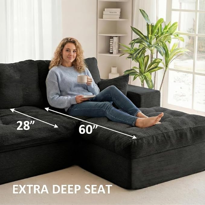 NAYA 106” Modular Sectional Sofa, Cloud Sectional Couch with Deep Seat, Modern Modular L-Shape Sofa Boneless Couch with Chaise for Living Room Bedroom (Black, Cloudy Sofa with Right Facing Chaise)