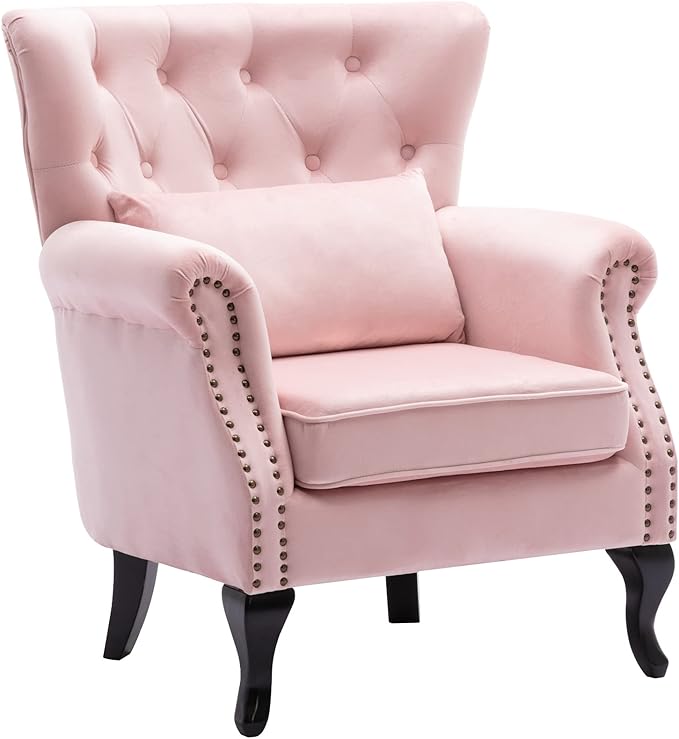 DM Furniture Mid Century Accent Chair for Living Room, Velvet Button Tufted Armchair Wingback Club Chair Single Sofa Lounge Chair with Pillow for Reception/Bedroom, Pink