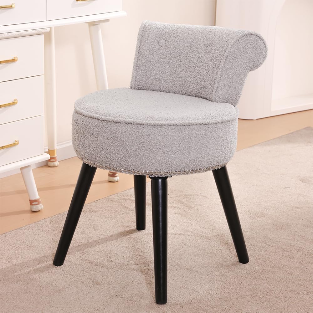 Sherpa Vanity Chair with Back for Bedroom - Tufted Upholstered Low Back Makeup Chair with Wooden Legs, Modern Elegant Dressing Table Stool for Dressing Room﻿(Grey)