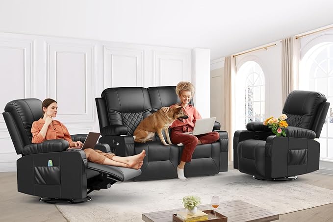FURNIMAT Loveseat Recliner Sofa Set with 2+1+1 Pieces, 2 Seater Reclining Loveseat Couch with USB Ports, Cell Phone Holders, 2 Recliner Chairs with Vibration Massage and Heat, Living Room, Bedroom, RV