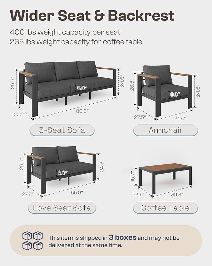 Oasbira Aluminum Outdoor Patio Furniture, 3 Seats All-Weather Outdoor Patio Sofa with Washable Thick Cushion, Patio Sofa Couch for Porch, Balcony, Deck, Yard, Graphite
