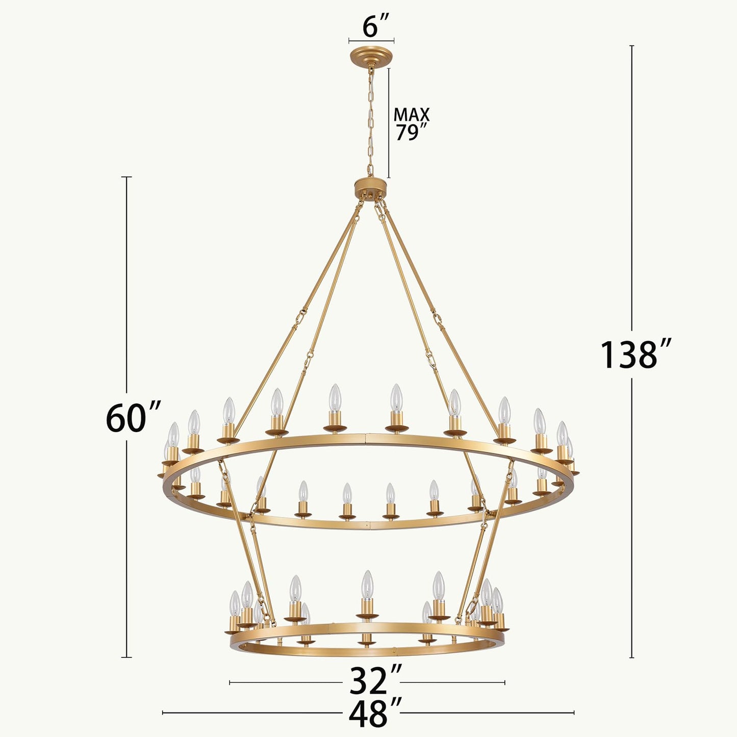JKLX 48 Inch 2 Tier Gold Extra Large Wagon Wheel Chandelier 36-Lights Farmhouse Industrial Round High Ceiling Pendant Light Adjustable Chain, for Dining Room, Living Room