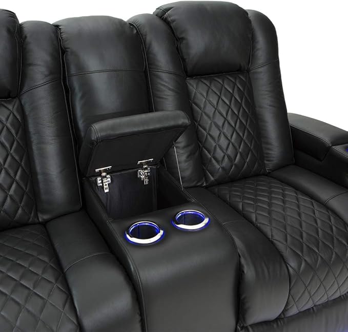 Seatcraft Anthem Italian Leather Sofa w/Fold-Down Table & Loveseat w/Storage Console, Living Room, Power Headrest, Power Recline, Black