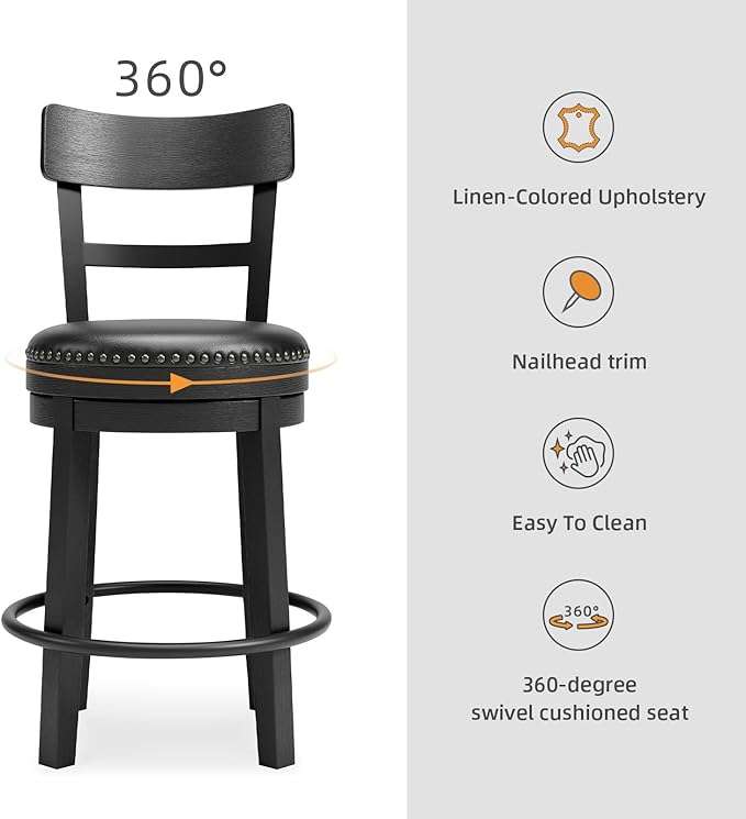 Signature Design by Ashley Valebeck Faux Leather Upholstered Swivel Barstool, Nailhead Trim, Solid Wood, 16.75" W x 19.75" D x 37.25" H, Antique Black