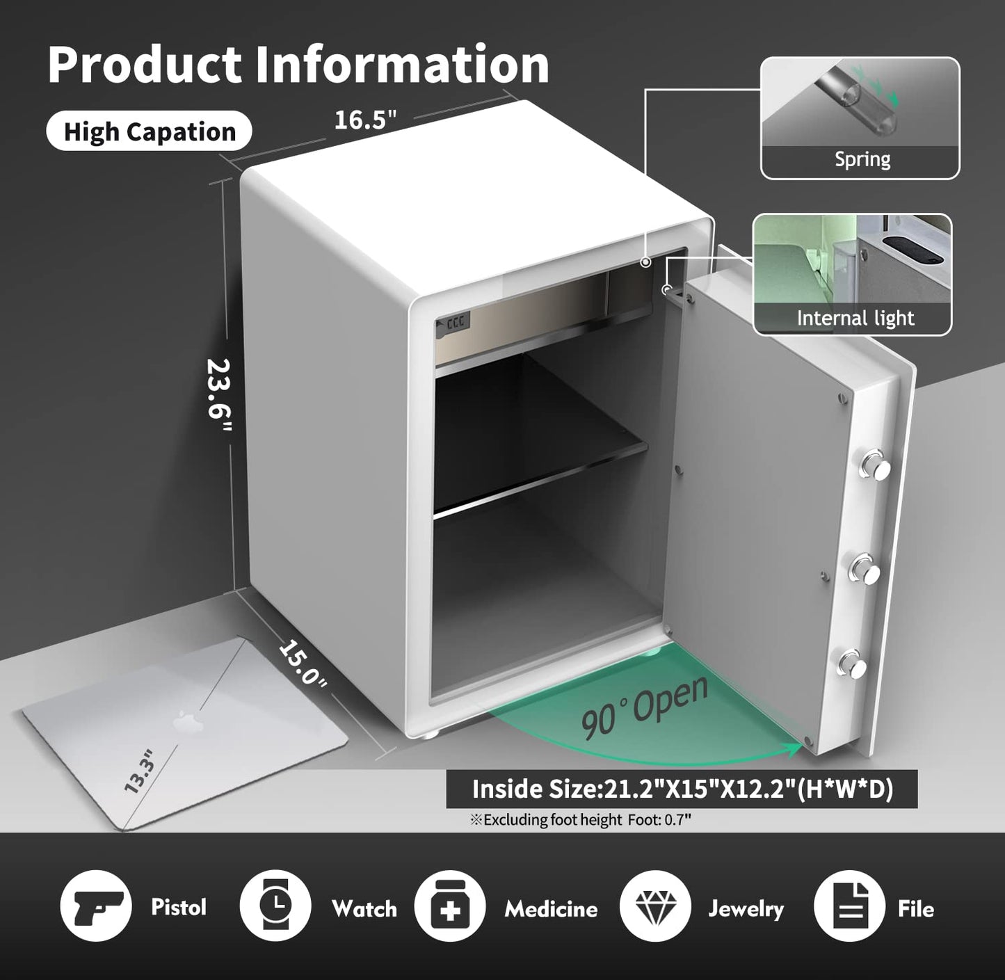 KAPUCI Modern Minimalism Design Biometric Fingerprint Touch Screen Safe, 3.38 Cubic Feet Auto-Open Safe Box with Digital Virtual Password,Safety Steel Home Safes for Wardrobe,Office(New Version)