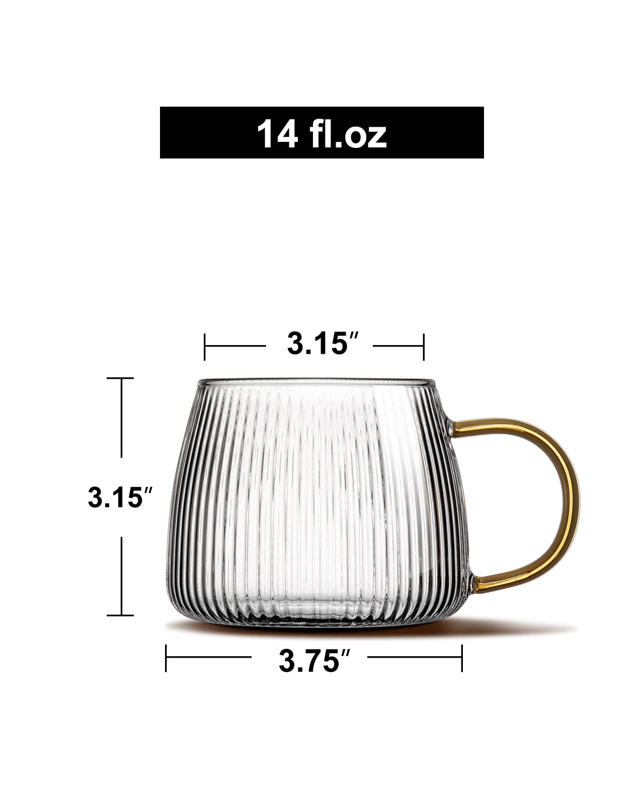 Luxtea Vintage Glass Coffee Mugs Set of 2 Ribbed Drinking Glasses Clear Tea Cups Borosilicate Glass Cup in Vertical Stripes Pattern for Cappuccino,Latte,Beverage (14 Fl.Oz.,Yellow Handle)