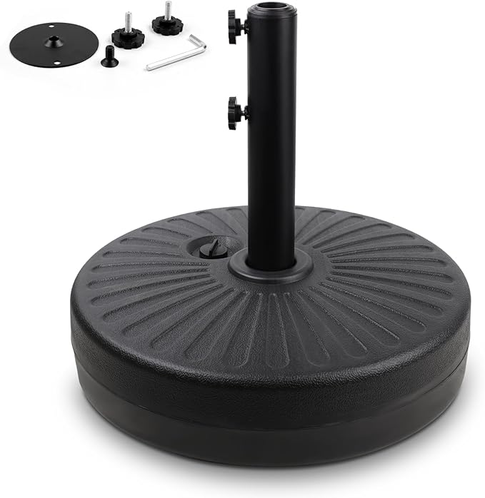 Gzdisbek Heavy Duty Umbrella Round Base Stand with Steel Umbrella Holder, Water or Sand Fillable for Outdoor, Patio, Market, Lawn, Garden, 50lbs Weight Capacity, 20inch (Black)