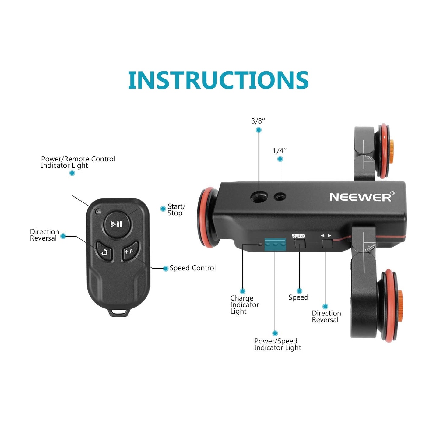 Neewer 3 Wheels Wireless Video Camera Dolly, 3 Speed Motorized Electric Track Rail Slider Dolly Car With Remote Control, Compati