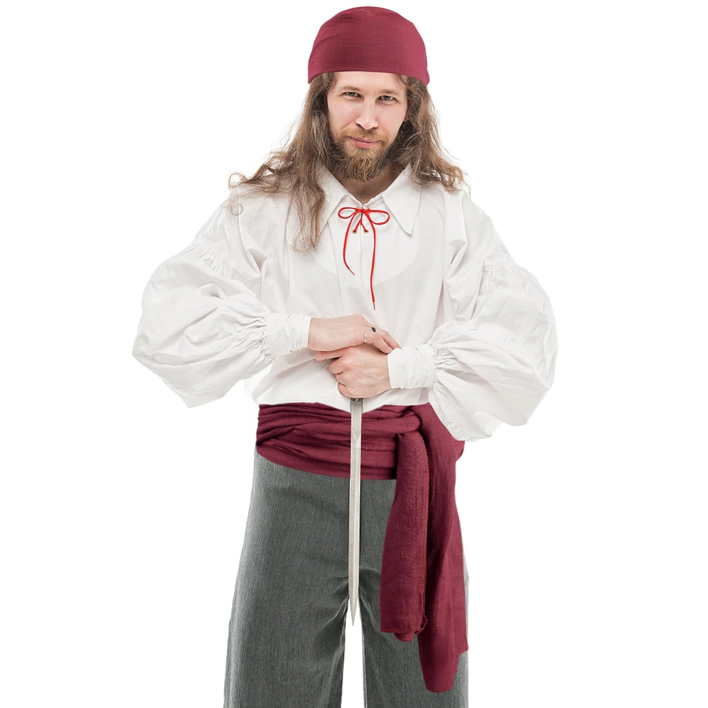 FOIMAS Pirate Costume Head Scarf Wraps Sash Belt Waist Bandana Pirate Headband for Men Women Halloween Costume Accessories,Red Wine