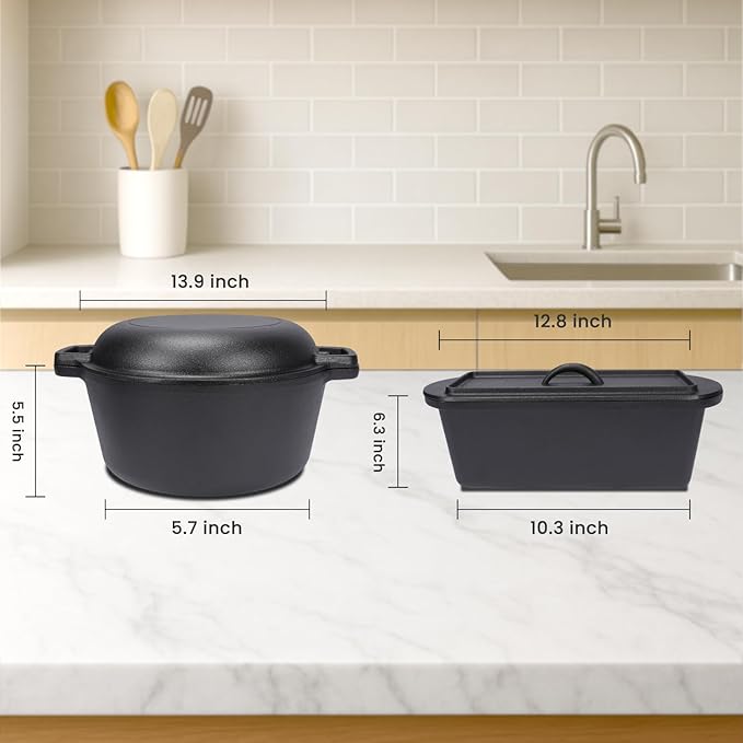 QuliMetal Cast Iron Cookware Set, 2-Piece Pre-Seasoned – 3.2QT Oval Bread Pan & 5QT Dutch Oven with Sourdough Starter Kit, Heavy Duty Cast Iron Bakeware for Artisan Bread, Home Cooking & Baking