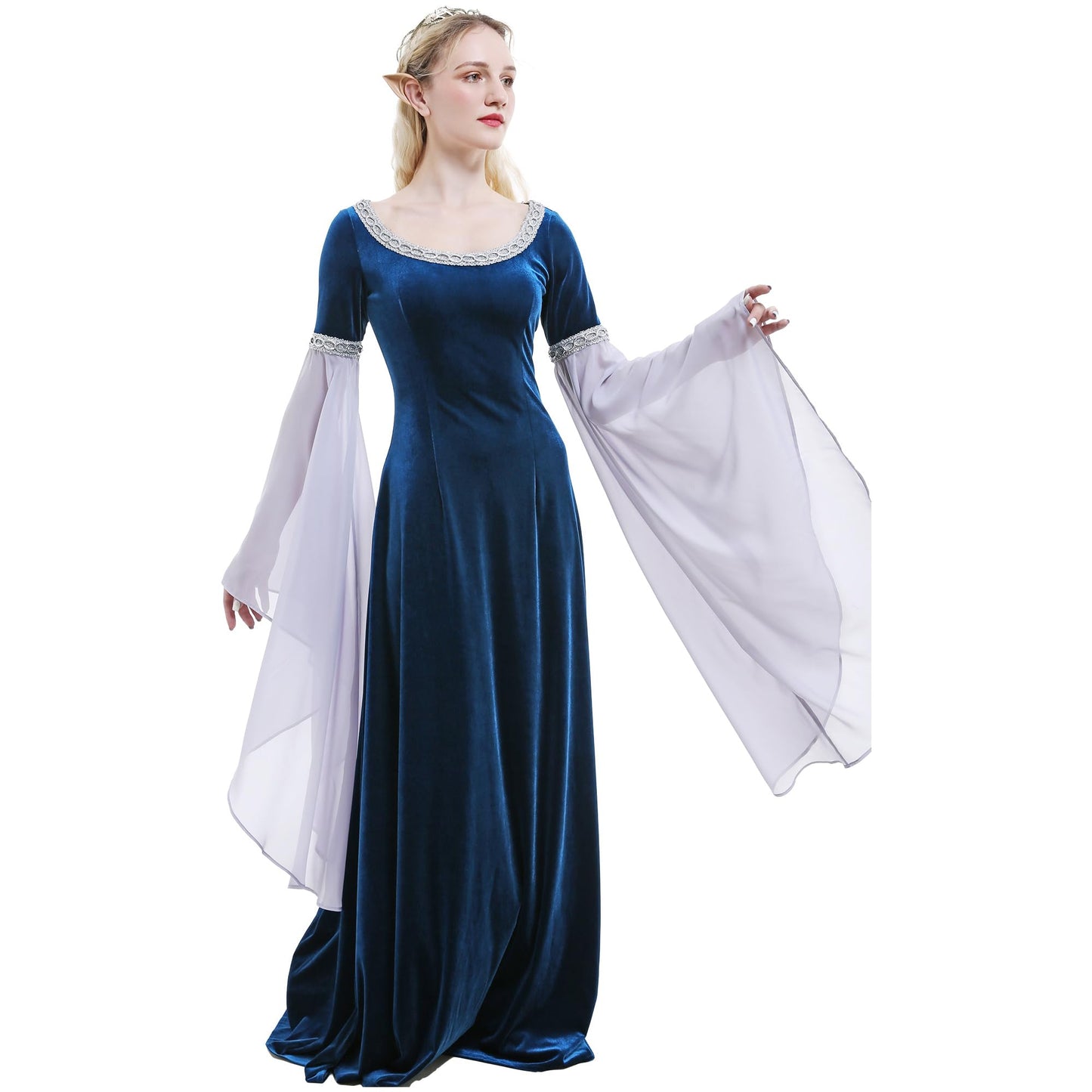 daizbella Medieval Renaissance Costume Dress Handmade Historical Rretro Dress Velvet Gown with Chiffon Sleeves Blue