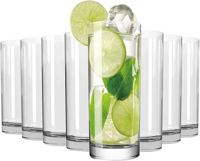 Wlasss Drinking Glasses Set of 8, 16oz Glass Cups, Kitchen Highball Glasses for Beer, Juice and Cocktail, Collins Water Gl...