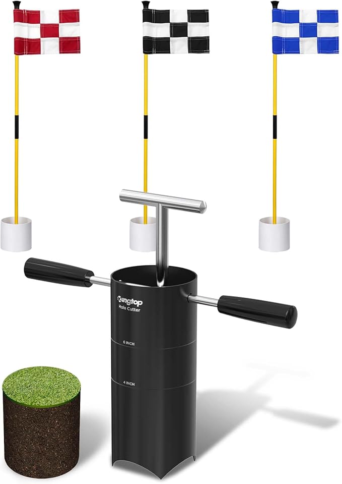 KINGTOP Portable Golf Hole Cutter and 3ft Golf Flagstick Bundle – Carbon Steel Blade for Easy Digging, 2-Section Ball Retr...
