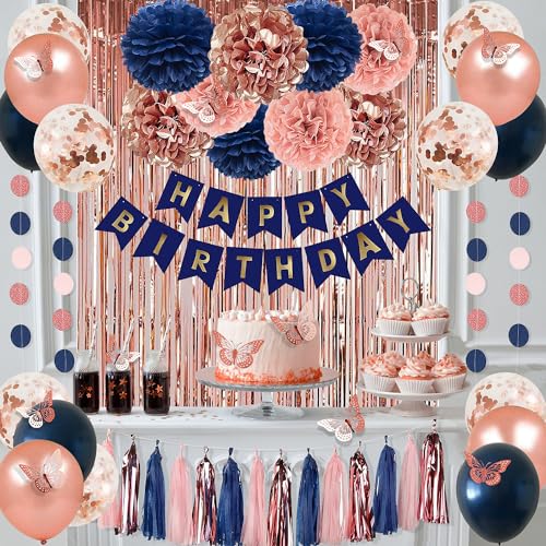 Pugkloy Rose Gold and Navy Blue Birthday Party Decorations with Happy Birthday Banner, Curtains, Butterfly Wall, Circle Do...
