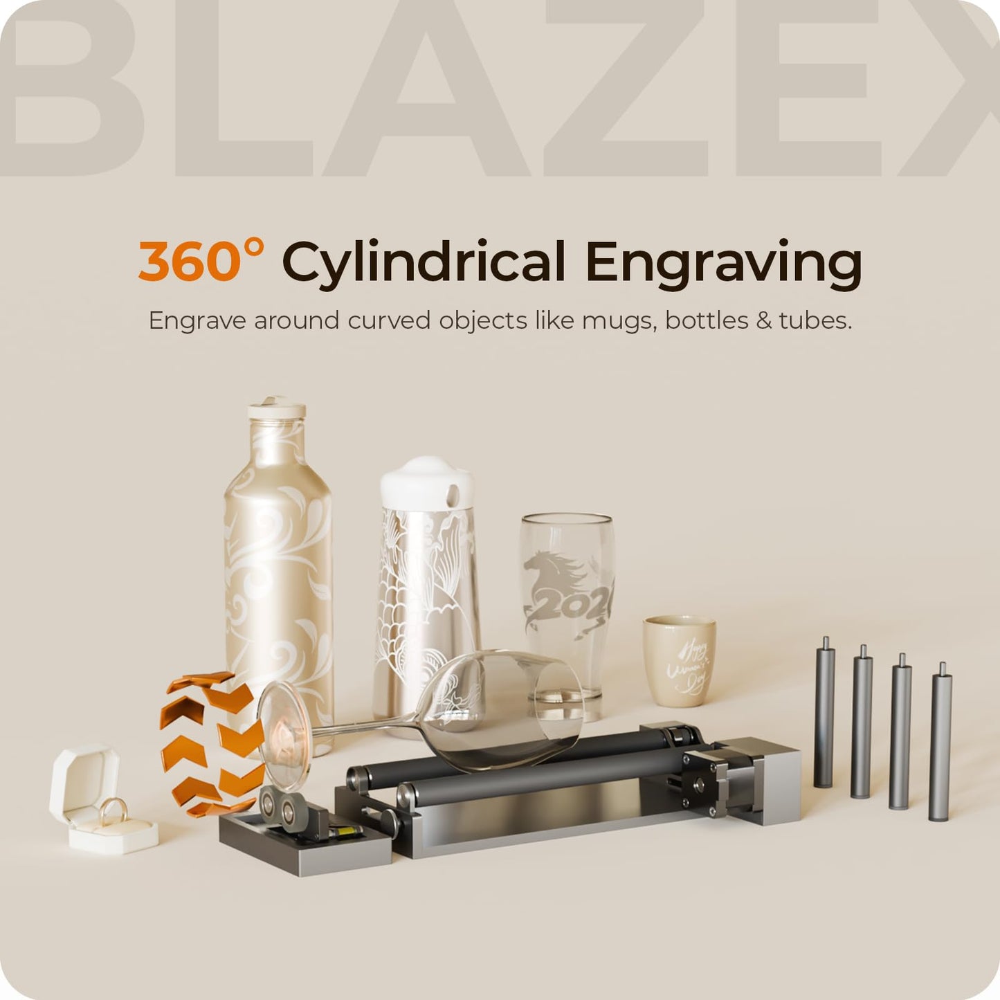 BlazeX Rotary Roller and Risers Kit for M3 Laser Engraver, 360° Cylindrical Engraving Module with Multi-Stage Height Extensions, Ideal for Tumblers, Bottles, and Cans