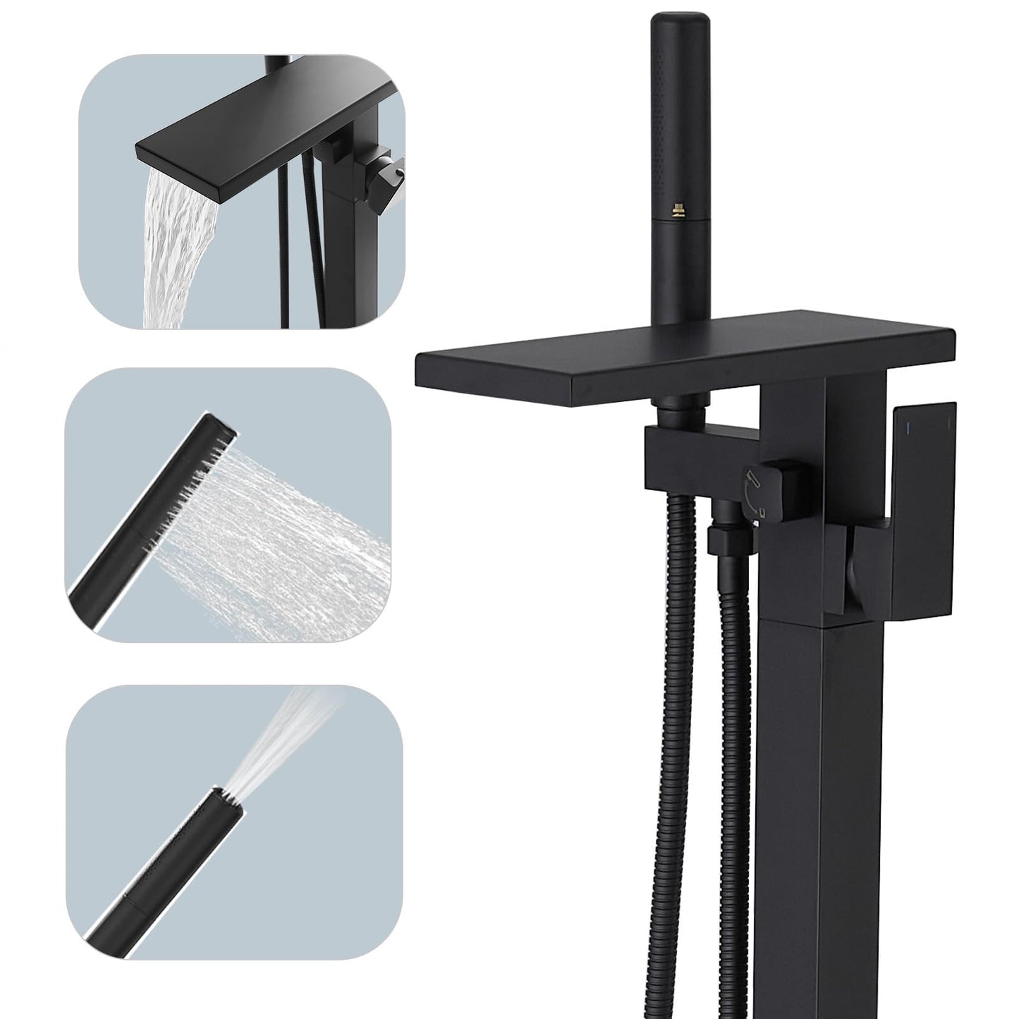 Hoimpro Tub Filler Freestanding Bathtub Faucet Matte Black Floor Mount Tub Faucet Waterfall Free Standing Bathtub Filler High Flow Brass Bath Shower Faucets with Handheld Sprayer