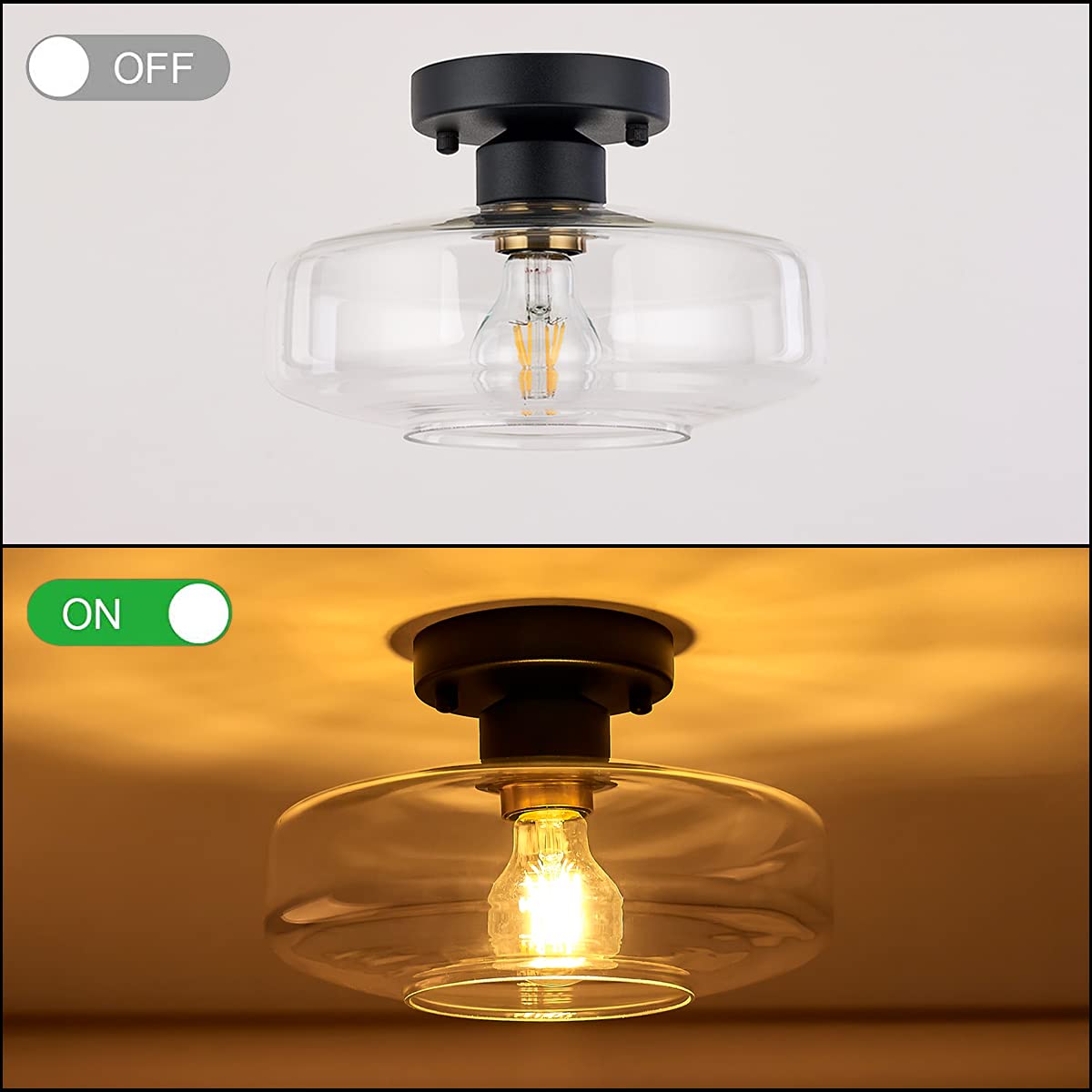 Ceiling Light Fixture with Clear Glass Shade,Matte Black Flush Mount Ceiling Light for Hallway, Entryway,Living Room, Bathroom,Closet
