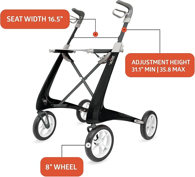 byACRE Carbon Ultralight Rollator Walker with Organizer Bag, Regular Track, 16.5" x 24" Seat (W x H), Black