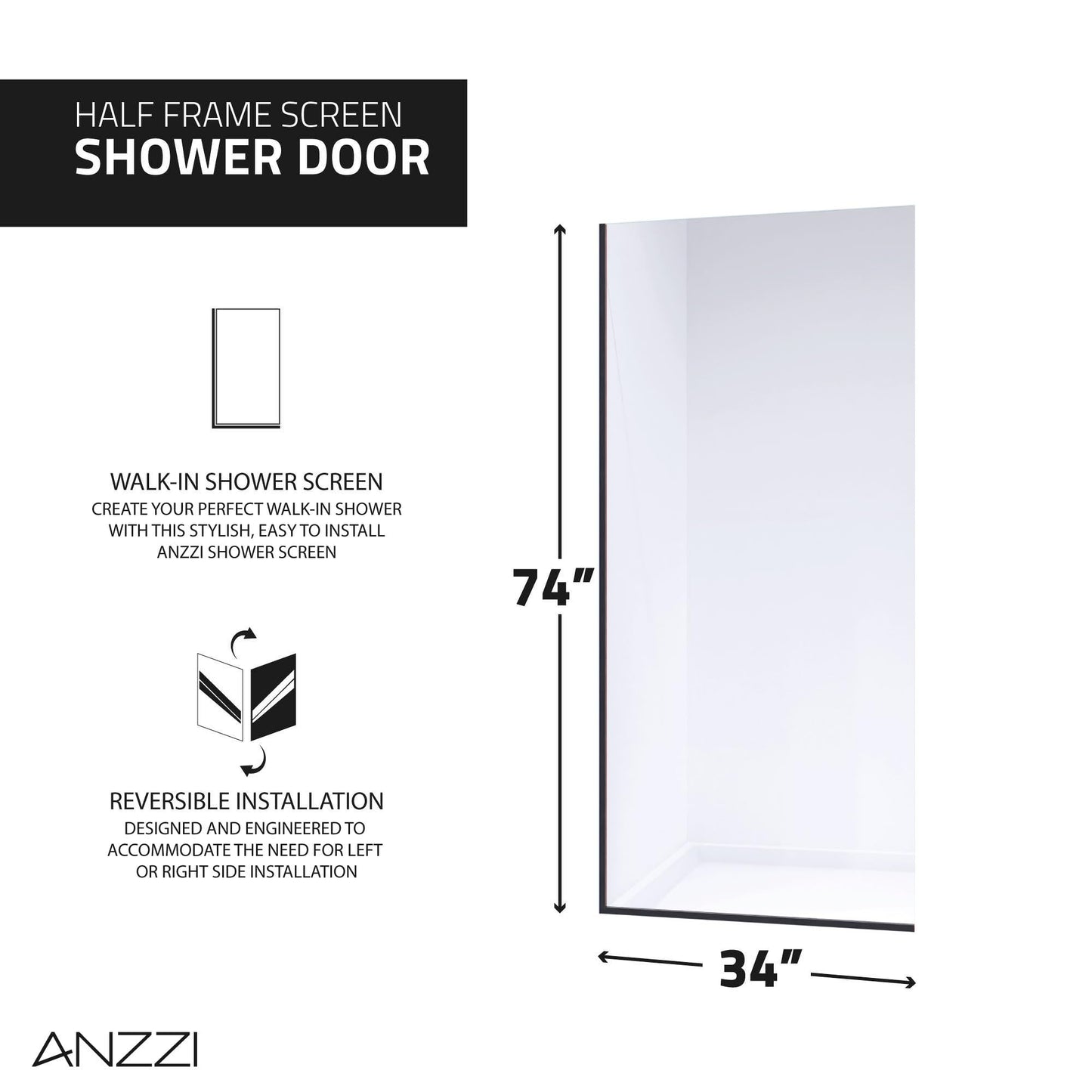 ANZZI Frameless Fixed Shower Door 34 in. x 74 in. Matte Black Clear Tempered Glass Panel with Tsunami Guard Coating, Reversible Screen Design, Hardware Included, ANSI Certified | SD-AZFL06001MB