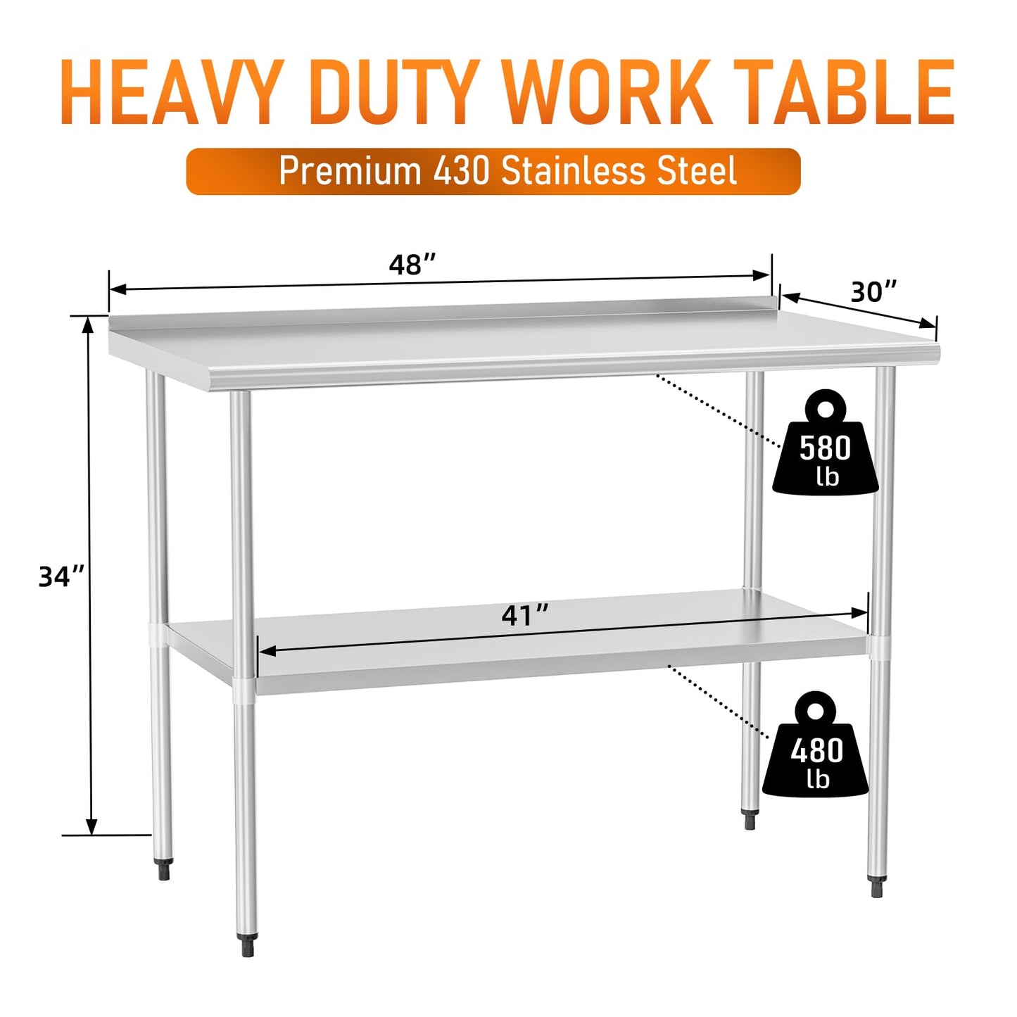 HOCCOT Stainless Steel Table 30" x 48" with Adjustable Undershelf and Backsplash, Commercial Metal Workstations for Kitchen, Garage, Outdoor BBQ