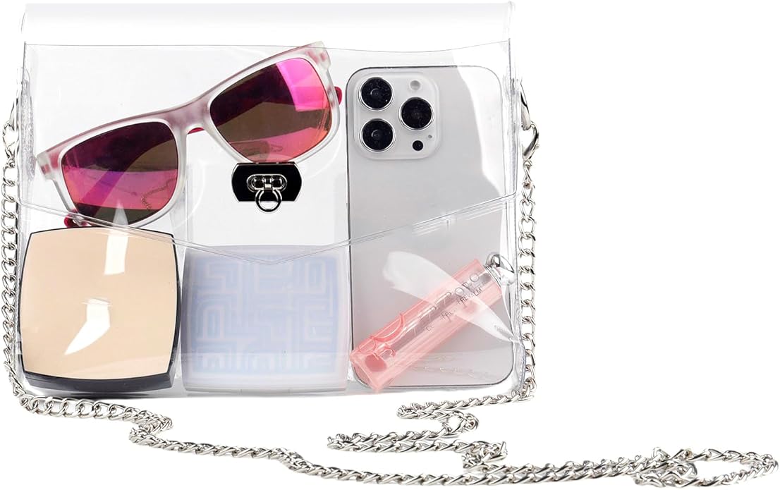 JOMPARO Clear Purses for Women Stadium Events Clear Crossbody Bag with Metal Chain
