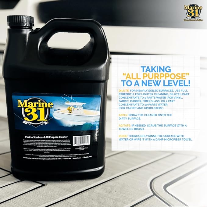 Marine 31 Port to Starboard All Purpose Cleaner | Multi-Surface Cleaner for Boats, Homes & More | Effective on Vinyl, Fabric, Rubber, Carpet & Upholstery | Concentrated Formula | M31-302-NEW | 128 Oz