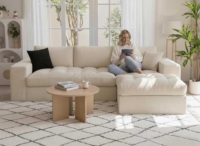 NAYA 106” Modular Sectional Sofa, Cloud Sectional Couch with Deep Seat, Modern Modular L-Shape Sofa Boneless Couch with Chaise for Living Room Bedroom (Beige, Cloudy Sofa with Right Facing Chaise)