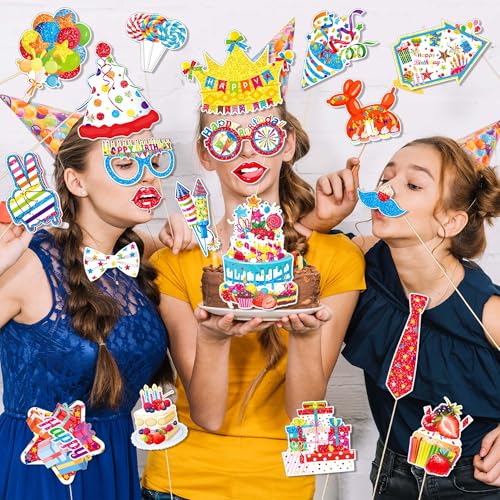 25Pcs Funny Birthday Photo Booth Props with Stick, Theme Selfie Props, Party Supplies, Photography Backdrop Decorations