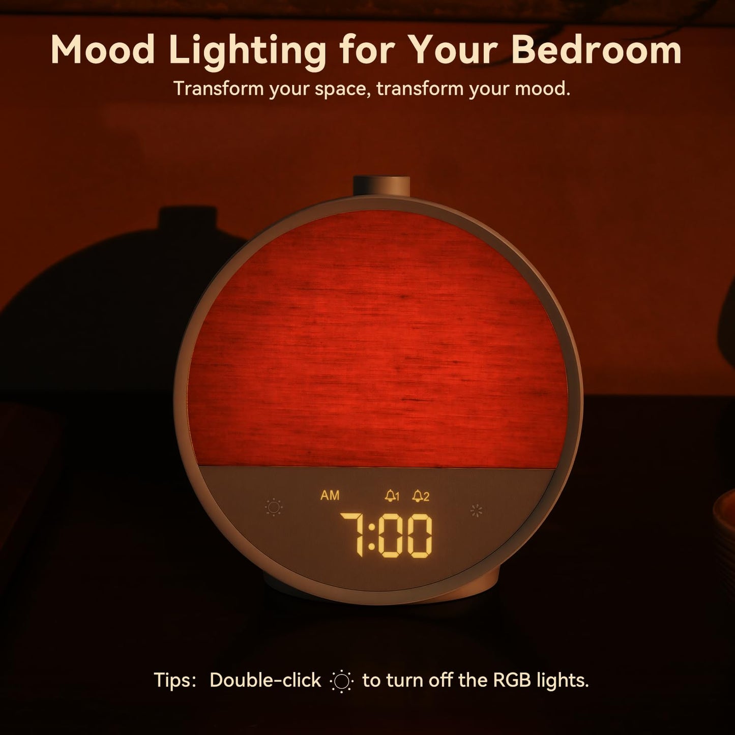 Vivilumens Sunrise Alarm Clock, Gentle Wake-Up Light & Sound Machine, Dual Alarms for Heavy Sleepers Adults, Natural Sounds, RGB Mood Light, Dimmable Bedside Night Lamp Ideal for Bedroom & Gifts
