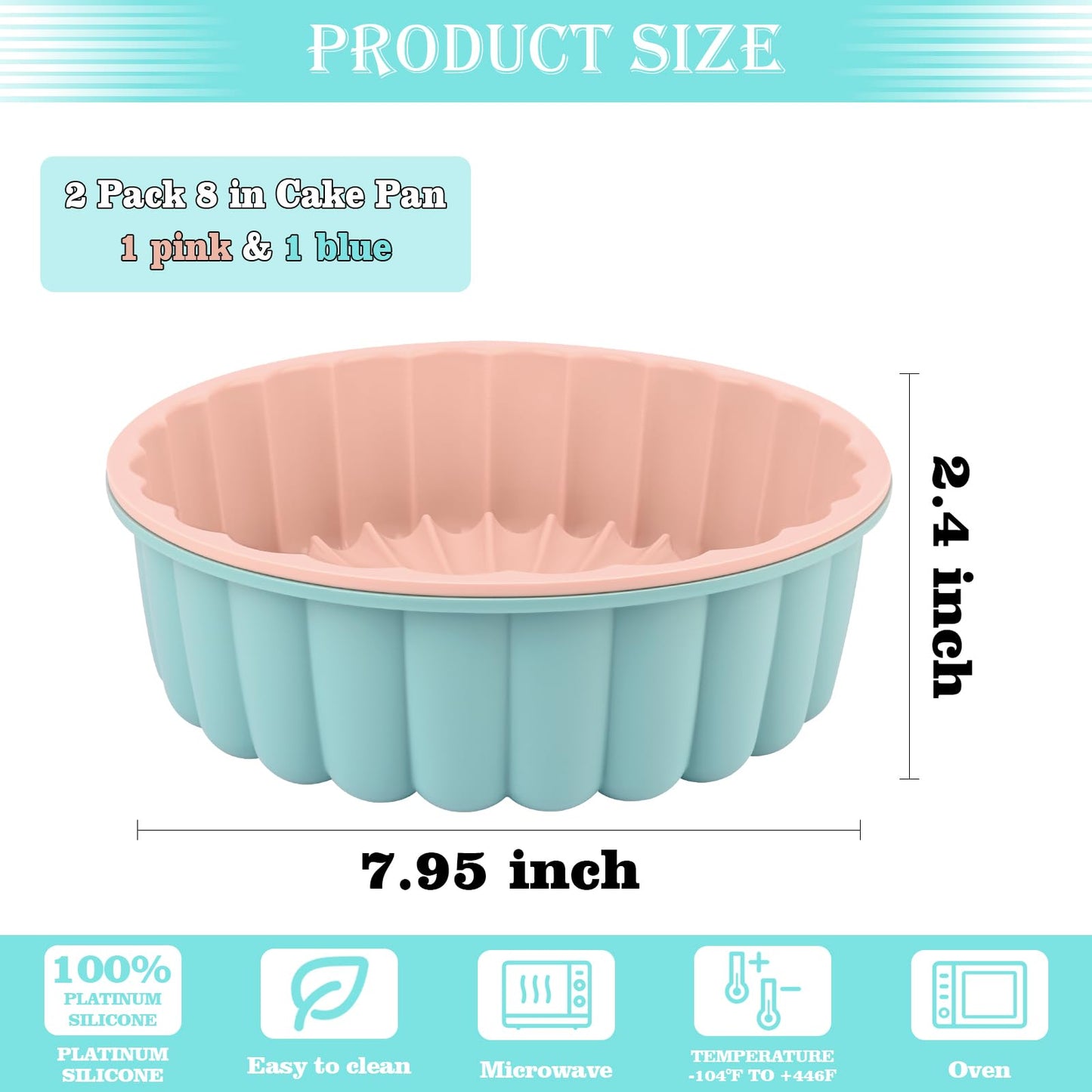 HUAKENER 2 Pcs Charlotte Cake Pan, 8 Inch Round Cake Pan, Nonstick Silicone Cake Molds for Cheese Cake, Chocolate Cake, Rainbow Cakes, Strawberry Shortcake, Brownie Tart Pie