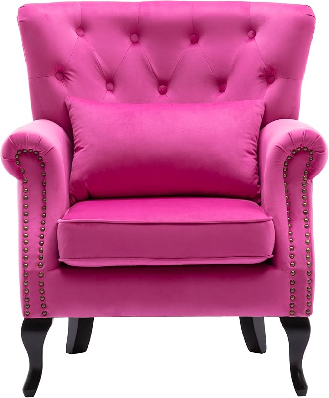 DM Furniture Mid Century Accent Chair Modern Button Tufted Armchair Wingback Club Chair Velvet Single Sofa Lounge Chair with Pillow for Living Room Bedroom, Rose Pink