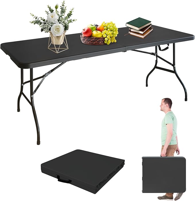 LSKSSNG Portable 6Ft Folding Table, Heavy Duty Plastic Fold-in-Half Utility Foldable Dining Table, Multi-Purpose Plastic F...