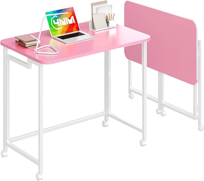 4NM 27.5" Mobile Small Rolling Computer Desk, Folding Laptop Cart Table with Wheels, Portable Office Desk for Small Space Couch Bed - Pink and White