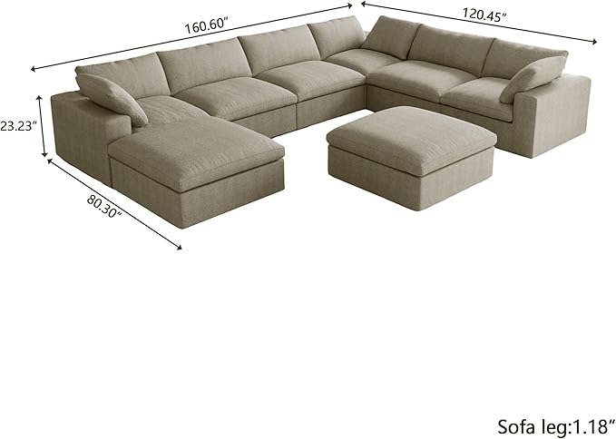 Cloud Modular Sectional Sofa,Down Filled Comfort Oversized Living Room Sets for Living Room,Large 8 Seater Minimalist Wide Deep Seat Convertible Couches,Sofa Cover Washable & Removable (Khaki)