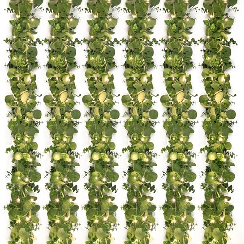 Dolicer 6 Packs 6FT Artificial Eucalyptus Garland with LED Light String, Faux Greenery Garland Hanging Fake Silver Dollar ...