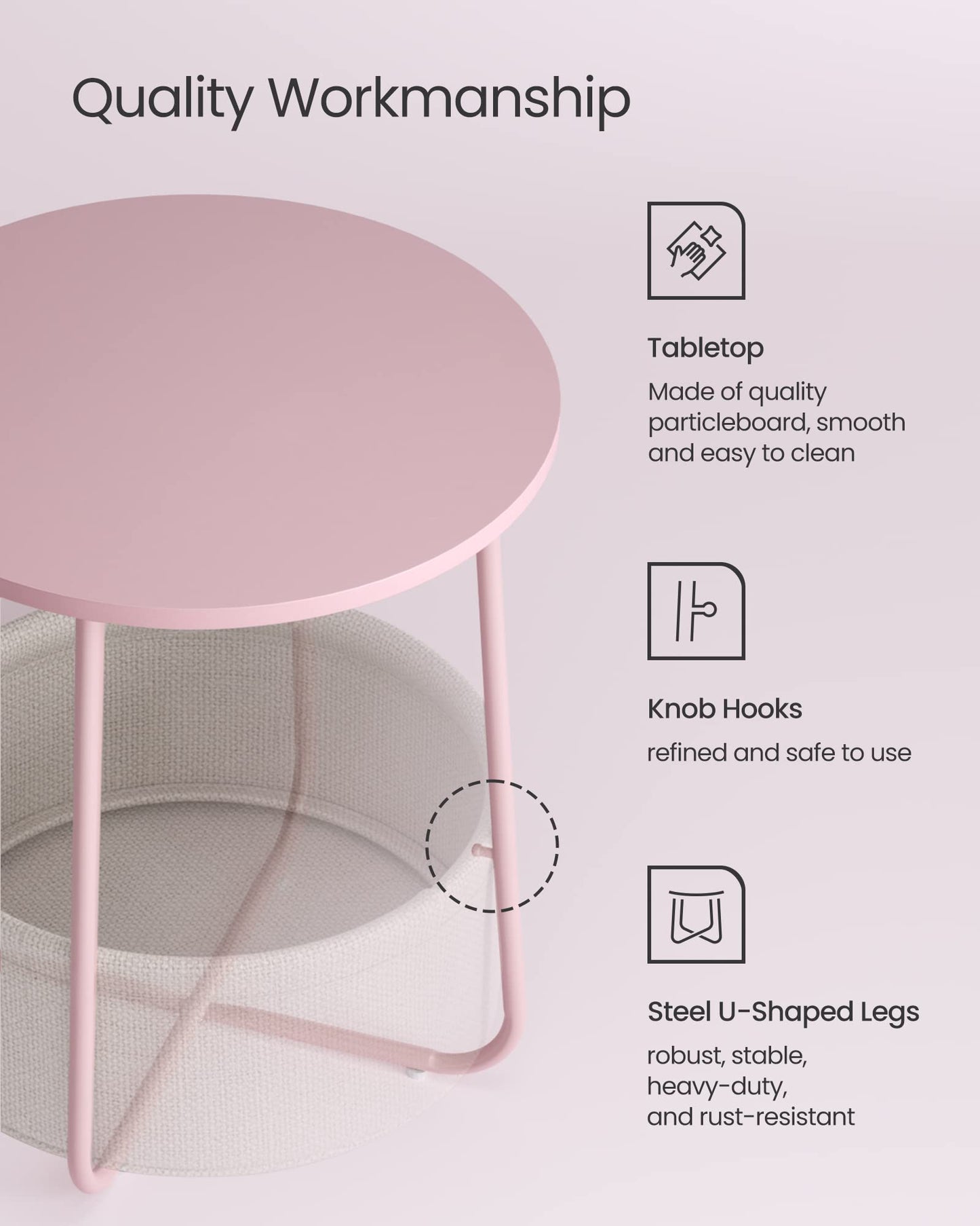 VASAGLE Small Round Side End Table, Modern Nightstand with Fabric Basket, Jelly Pink and Cream White ULET223R61
