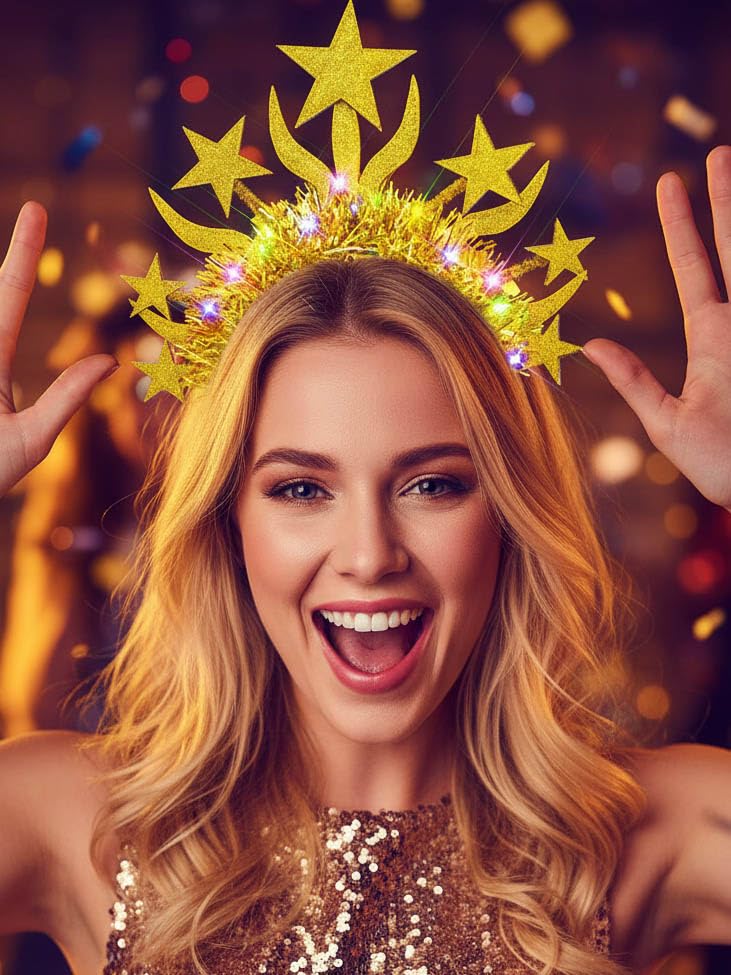 Yokawe Light Up Star Headband,Gold Tinsel Costume Hair Accessory for Rave Party